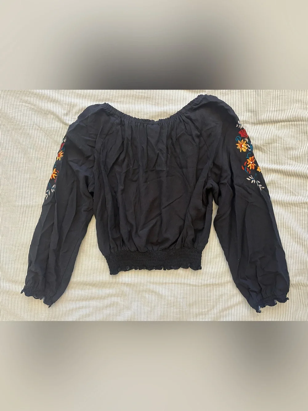 H&M Black Off-Shoulder Crop Top with Colorful Floral Detail